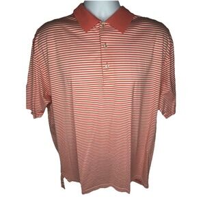 Peter Millar Mens Large Orange White Striped‎ Cotton Short Sleeve Polo Shirt